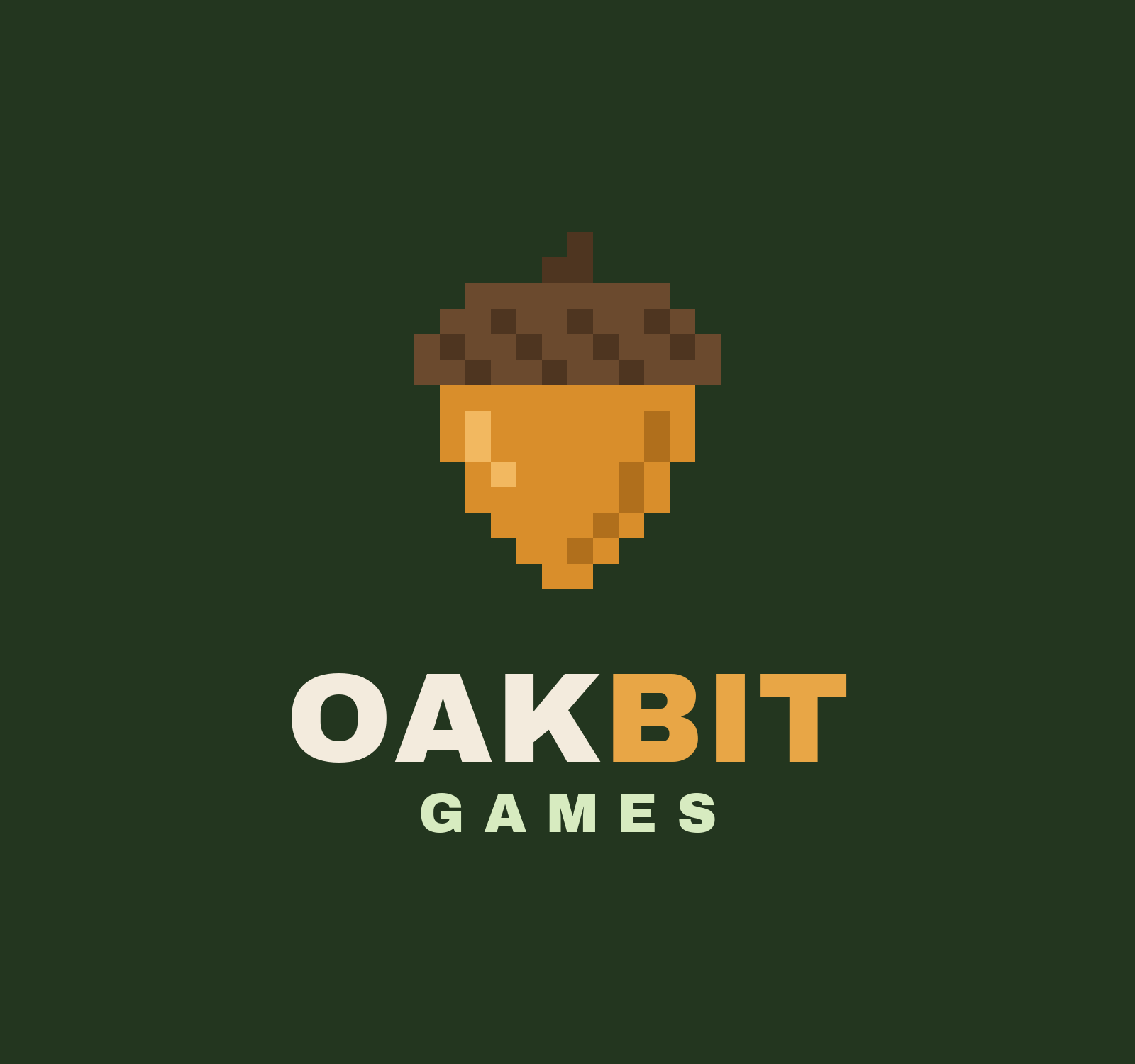 Oakbit Games logo: pixel acorn above the word OAKBIT GAMES on oak green